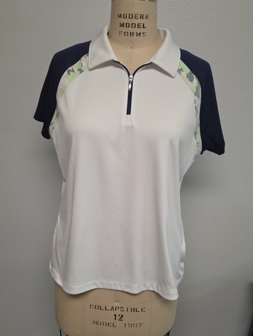 Izod White Quarter-Zip with Navy Raglan Sleeves and Light Green Accents